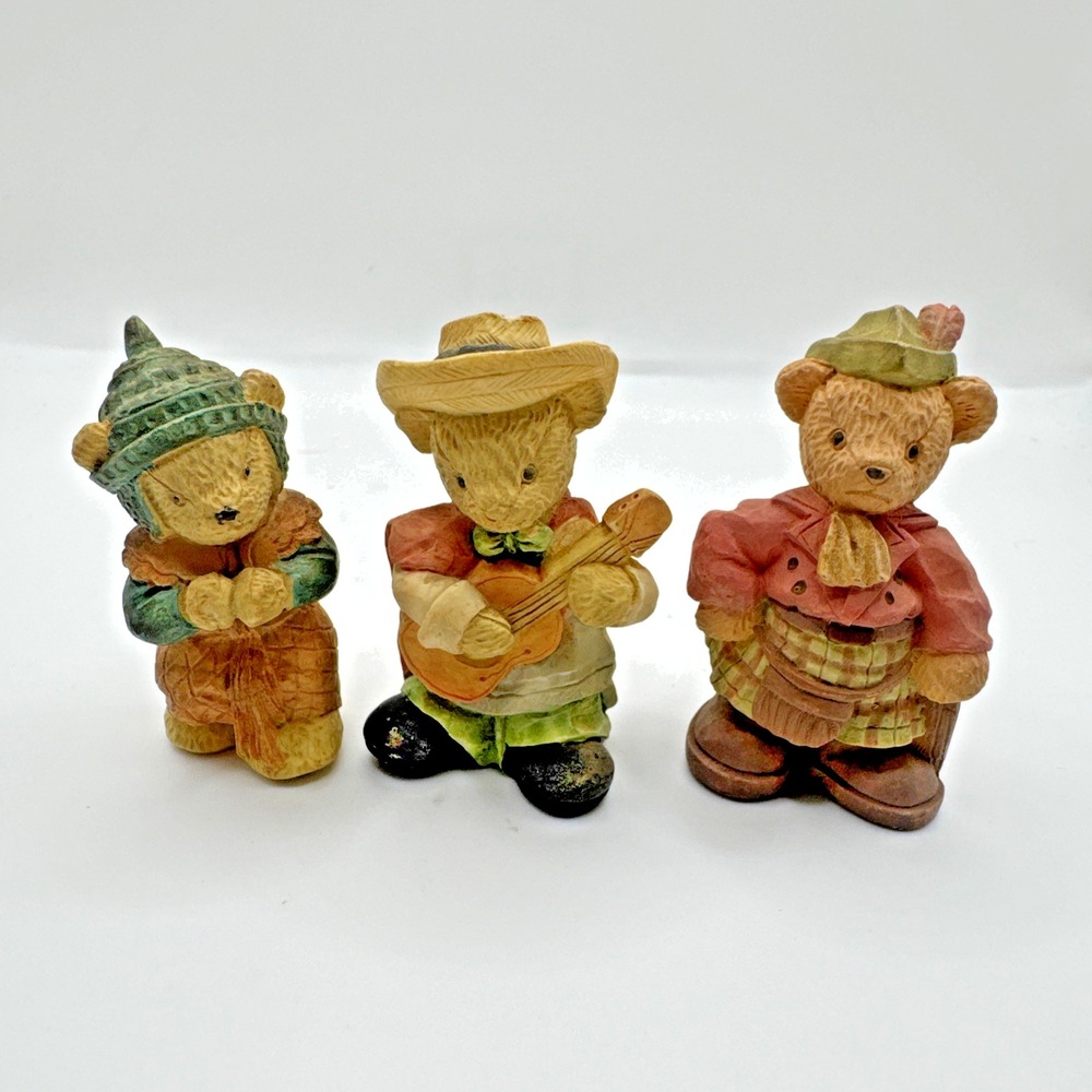 Lot of 3 Miniature Resin Bear Figurines Different Cultures